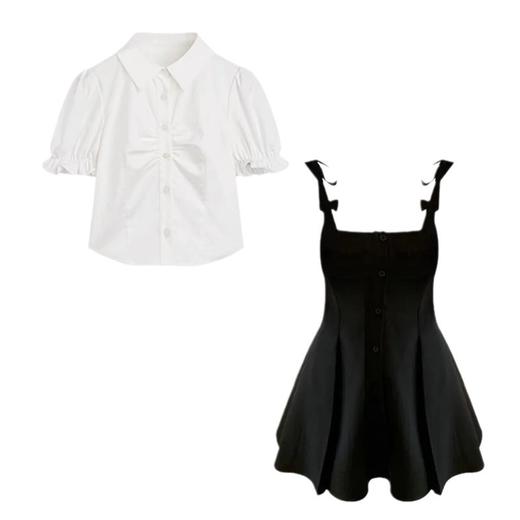 小个子茶系穿搭【衬衫背带连衣裙套装女】夏季学院风 初恋甜美两件套  商品图4