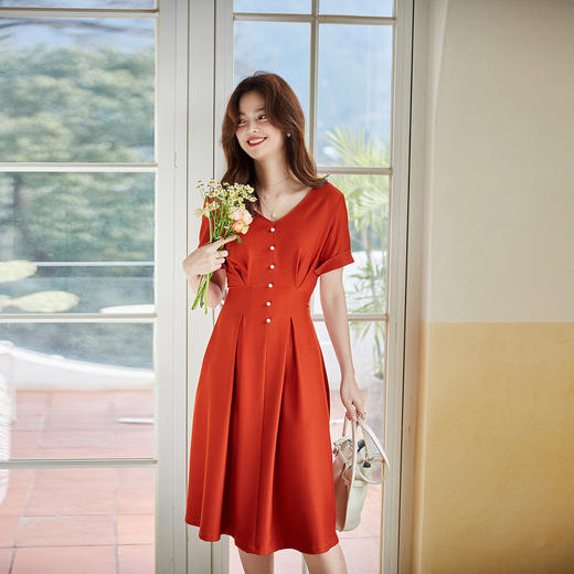 25严选春夏新款法式复古收腰显瘦大摆裙短袖中长款连衣裙_HLY 商品图1