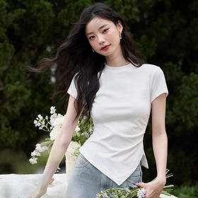 西遇黑色气质紧身T恤女新款不规则下摆设计感短袖蓝色V0050525/10740173