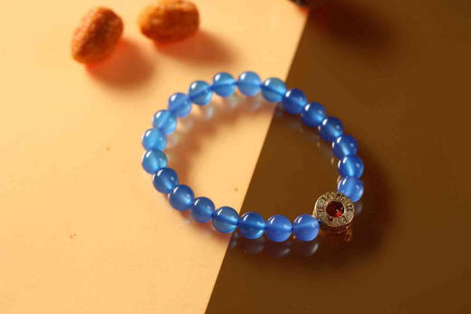 YBMN0005°蓝玛瑙+六字真言镂空铜钱手串0.8*21 商品图0