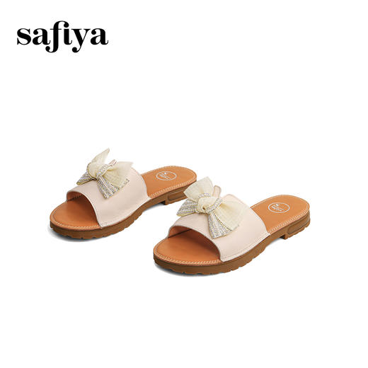 Safiya/索菲娅2024夏季真皮水钻蝴蝶结外穿休闲平底沙滩拖鞋 SF42110167 商品图0