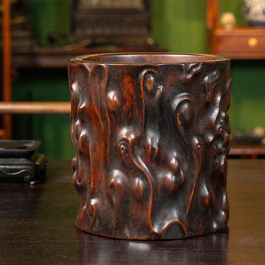 清 红木雕树瘤笔筒 商品图0