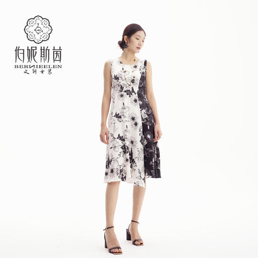 HJ2S37_凝脂色_连衣裙_四季_名媛风黑白撞色花卉印花无袖收腰显瘦气质连衣裙_高级女装_BERNIEELEN 伯妮斯茵 商品图0