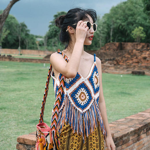 【旅游穿搭民族风】流苏吊带镂空针织背心 波西米亚风上衣外搭  商品图0