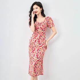 法式茶歇优雅气质印花连衣裙，侧边中式盘扣名媛碎花WLZD2419504