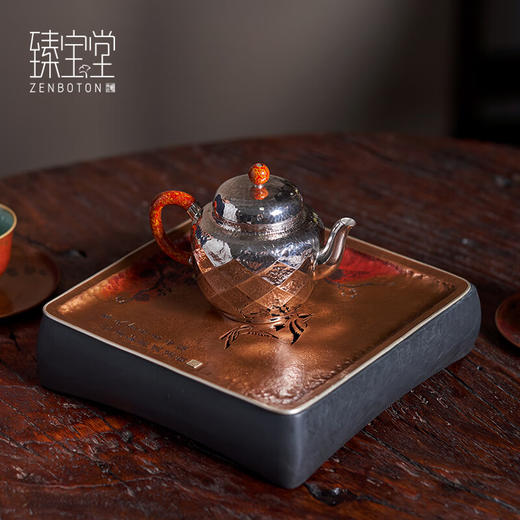 【样品清仓6折，仅1件，无货退款】臻宝堂（ZENBOTON）纯手工砚石铜盖养壶干泡茶台家用隔热壶承小茶盘托功夫茶具零配件 锦画茶台 商品图1