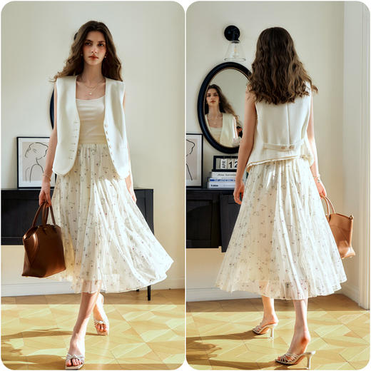 OLrain欧芮儿法式网纱碎花半身裙女夏季2024新款高级感气质百褶裙 商品图4