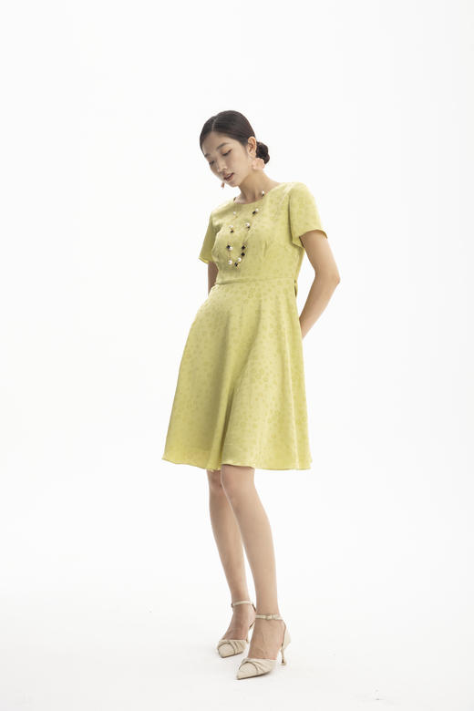 HJ2S12_水龙吟色_连衣裙_夏季_显高百搭暗纹提花圆领短袖收腰 A 字中裙_高级女装_BERNIEELEN 伯妮斯茵 商品图2