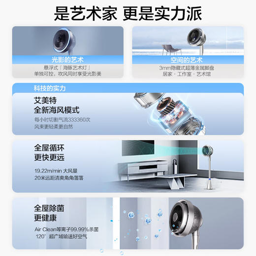 艾美特（AIRMATE）【光影一体】海豚空气循环扇等离子净化除菌32档直流变频家用节能落地扇3D立体摆头电风扇 AIR11 商品图0