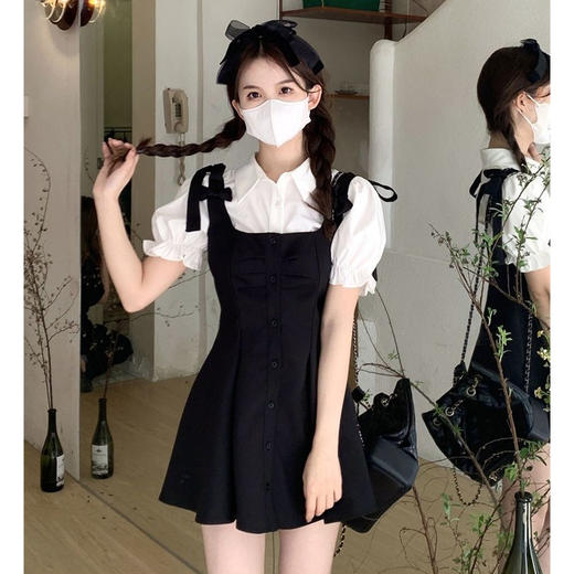 小个子茶系穿搭【衬衫背带连衣裙套装女】夏季学院风 初恋甜美两件套  商品图3