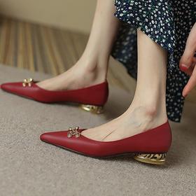 【预售5天】里外全皮仙女风豹纹低跟鞋春夏新款尖头单鞋女真皮金属扣件鞋HB&7001