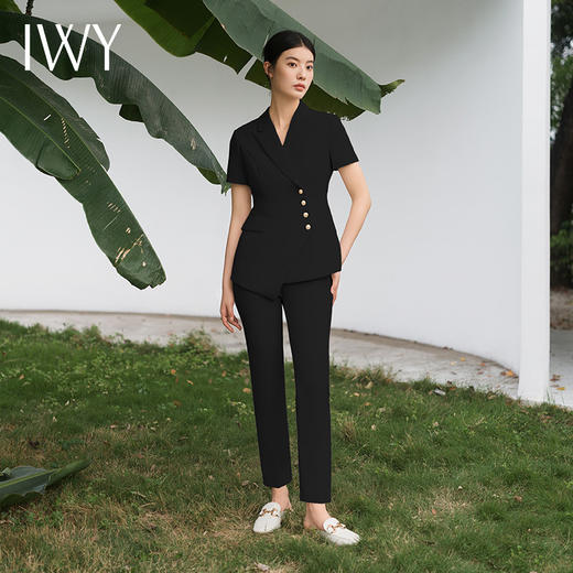 IWY/黑色西装套装短袖两件套高级修身气质案场售楼部面试裤装工服C10409+P10409 商品图0