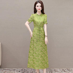 QYMJJ-FXP067-Y 时尚印花连衣裙女2024年夏季新款短袖系带收腰中长款妈妈半裙子