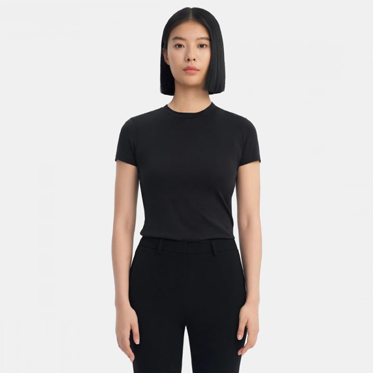 2件自动改价99包邮~官网800！Theo*y同款棉盖丝柔弹轻薄 修身款时尚简约休闲百搭圆领女士短袖T恤打底衫