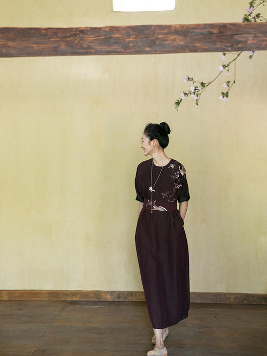 牧衣游原创 龟裂纹重工刺绣香云纱连衣裙禅意宽松中式长裙 虚梦 商品图1