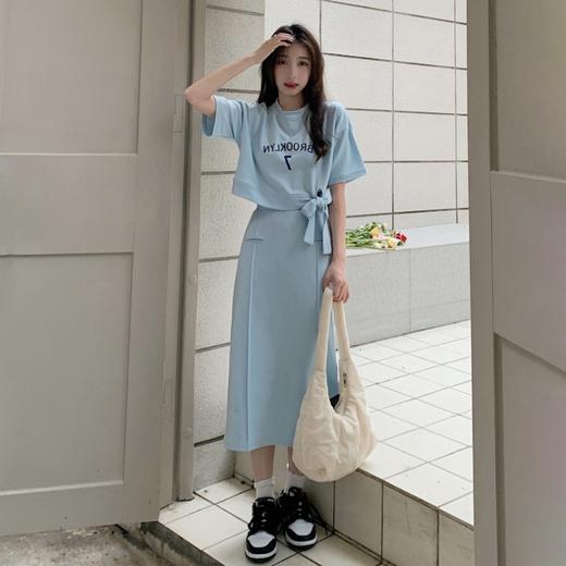 【短款蝴蝶结短袖T恤】时尚套装女 夏季新款 休闲甜美盐系 半身裙两件套 商品图5