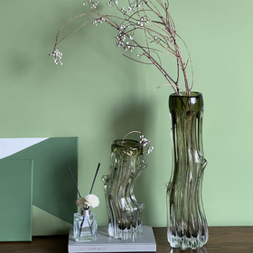 现代简约创意厚底琉璃直筒树桩玻璃花瓶居家客厅干花软装酒店摆件