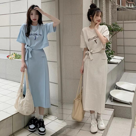 【短款蝴蝶结短袖T恤】时尚套装女 夏季新款 休闲甜美盐系 半身裙两件套 商品图0