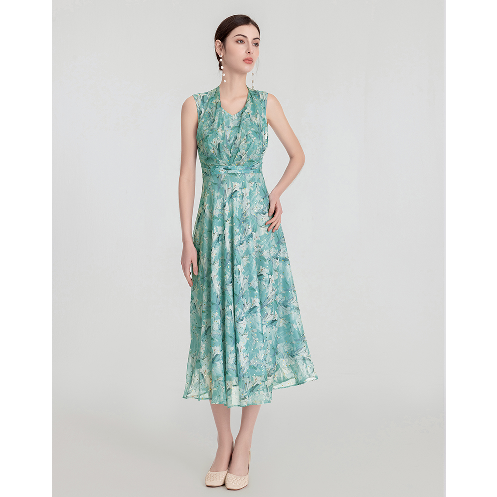 司歌背心绑带显瘦雪纺印花连衣裙A891065X