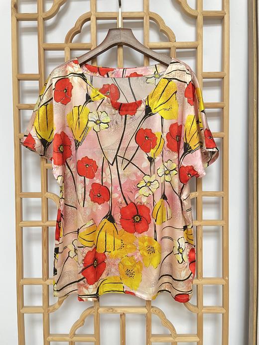 丁摩 新款真丝上衣女短袖桑蚕丝衬衫宽松印花T恤20-154HS-DY199 商品图5