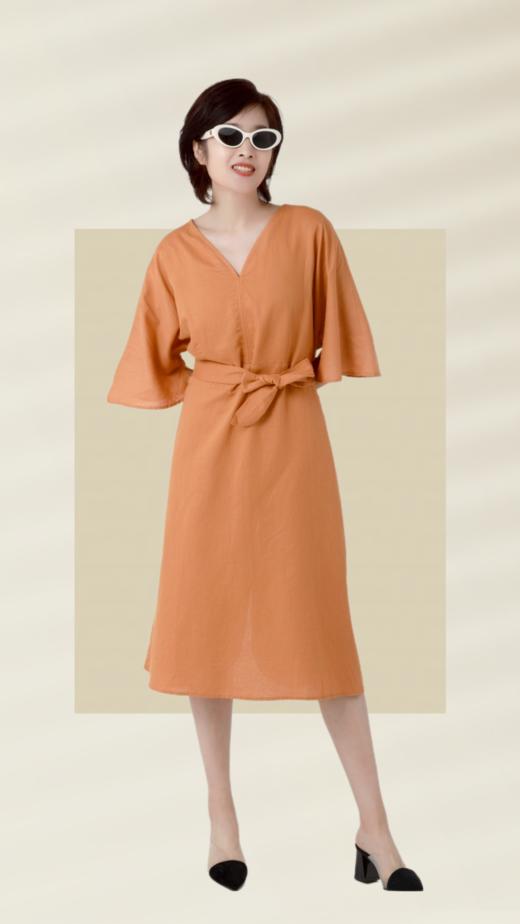 V领法式系带棉麻连衣裙 商品图1