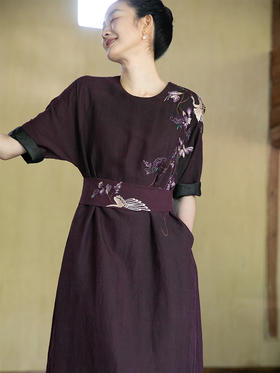 牧衣游原创 龟裂纹重工刺绣香云纱连衣裙禅意宽松中式长裙 虚梦