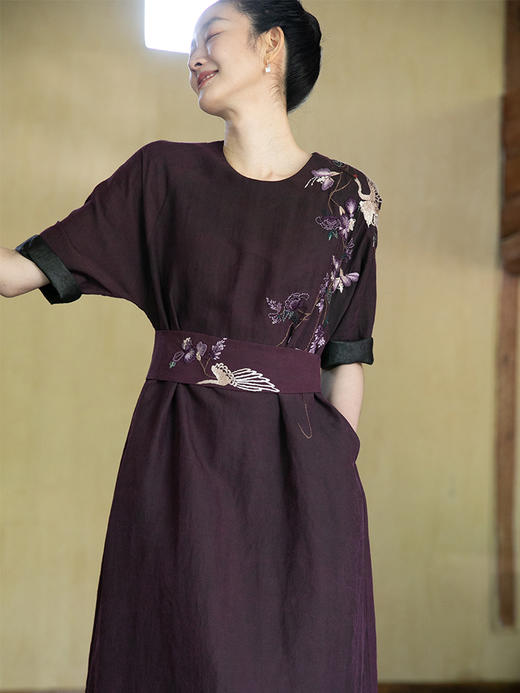 牧衣游原创 龟裂纹重工刺绣香云纱连衣裙禅意宽松中式长裙 虚梦 商品图0