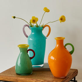 创意中古风双耳彩色玻璃花瓶鲜花干花台面电视柜软装家居酒店装饰