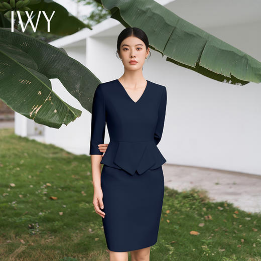 IWY/藏青色连衣裙七分袖西装正装裙商务美容院操作师摄影气质裙子Q11366 商品图1