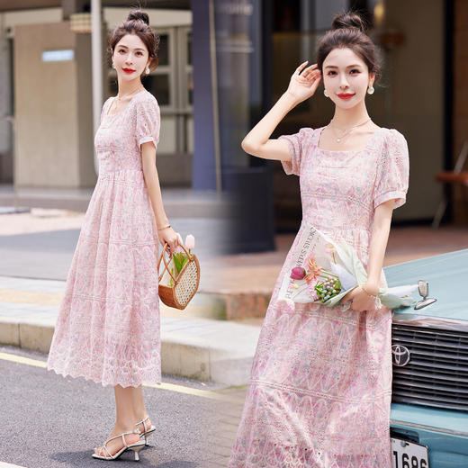 气质高级感法式粉色，镂空刺绣名千金风连衣裙HR-HMG2858 商品图0
