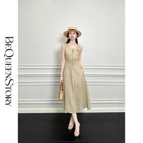 BeQueenStory【红毯茶歇】复古色简约舒适圆领无袖亚麻收腰连衣裙