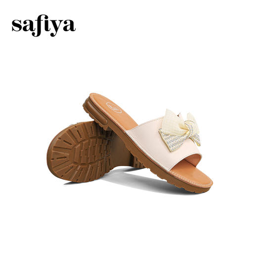 Safiya/索菲娅2024夏季真皮水钻蝴蝶结外穿休闲平底沙滩拖鞋 SF42110167 商品图2