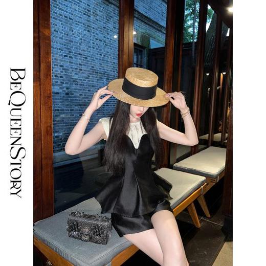 BeQueenStory【曲线回廊】高级感撞色拼接荷叶摆收腰上衣&短裤套装 商品图0