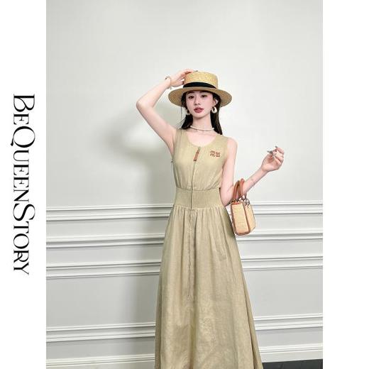 BeQueenStory【红毯茶歇】复古色简约舒适圆领无袖亚麻收腰连衣裙 商品图4