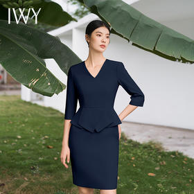 IWY/藏青色连衣裙七分袖西装正装裙商务美容院操作师摄影气质裙子Q11366