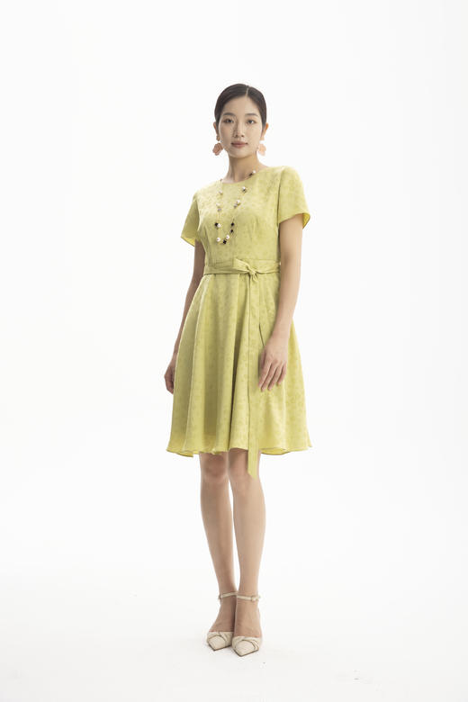 HJ2S12_水龙吟色_连衣裙_夏季_显高百搭暗纹提花圆领短袖收腰 A 字中裙_高级女装_BERNIEELEN 伯妮斯茵 商品图9