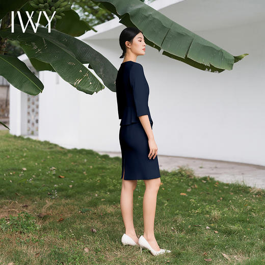 IWY/藏青色连衣裙七分袖西装正装裙商务美容院操作师摄影气质裙子Q11366 商品图3