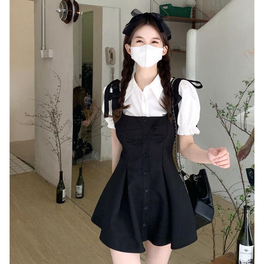 小个子茶系穿搭【衬衫背带连衣裙套装女】夏季学院风 初恋甜美两件套  商品图1