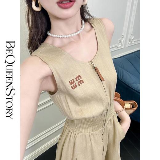 BeQueenStory【红毯茶歇】复古色简约舒适圆领无袖亚麻收腰连衣裙 商品图2