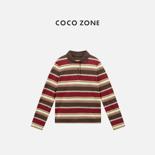 COCO ZONE ”撞色POLO"时尚条纹翻领长袖T恤简约显瘦上衣CC2B1146 商品图0