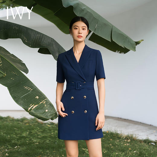 IWY/藏青色西装短袖连衣裙职业正装裙商务修身置业销售酒店工作服Q11248 商品图0