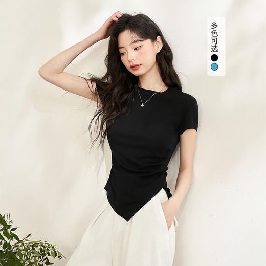 西遇黑色气质紧身T恤女新款不规则下摆设计感短袖蓝色V0050525/10740173 商品图2