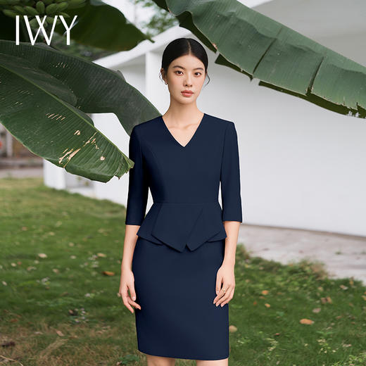 IWY/藏青色连衣裙七分袖西装正装裙商务美容院操作师摄影气质裙子Q11366 商品图2
