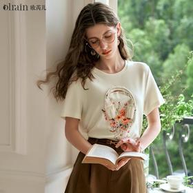 OLrain欧芮儿法式短袖印花钉珠T恤女夏季2024新款高级感别致上衣