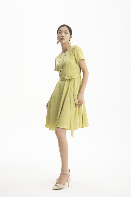 HJ2S12_水龙吟色_连衣裙_夏季_显高百搭暗纹提花圆领短袖收腰 A 字中裙_高级女装_BERNIEELEN 伯妮斯茵 商品图8