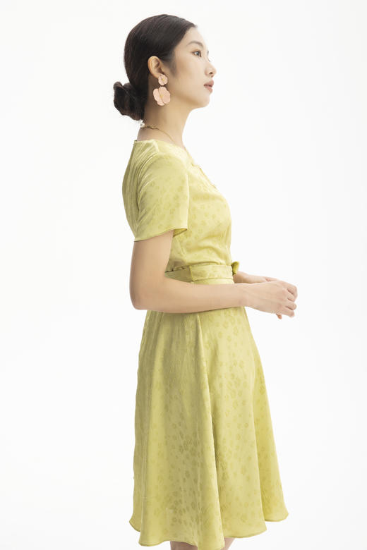 HJ2S12_水龙吟色_连衣裙_夏季_显高百搭暗纹提花圆领短袖收腰 A 字中裙_高级女装_BERNIEELEN 伯妮斯茵 商品图4