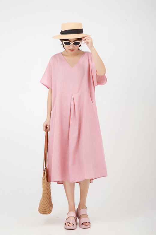 V领后拉链短袖连衣裙 商品图1