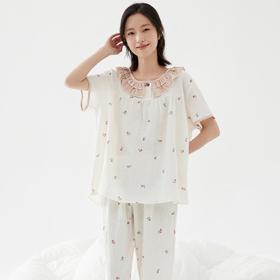 3部顶瓜瓜女士玫瑰双棉纱娃娃领短袖长裤家居服DJJWX-AQ22679