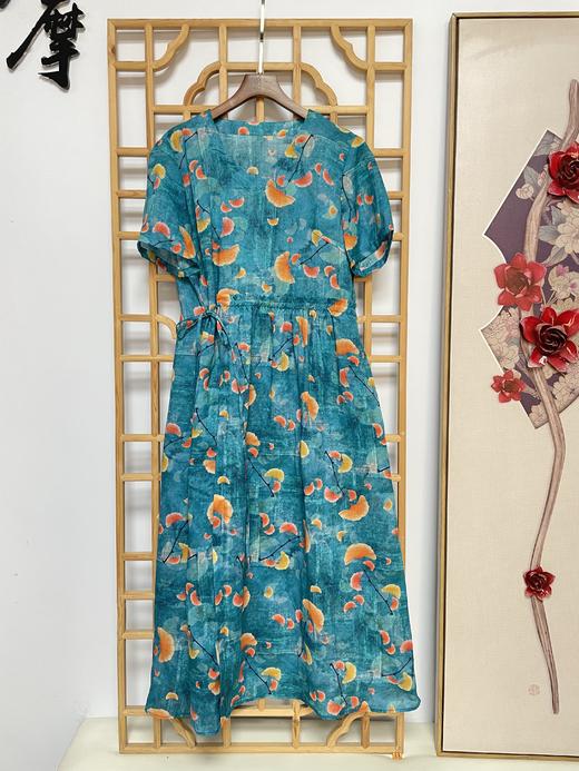 丁摩 苎麻连衣裙旅行印花收腰显瘦棉麻裙子Q122048HS-DY199 商品图12