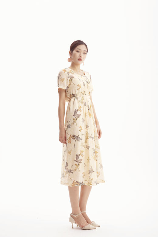 HJ2S57_如梦令色_连衣裙_夏季_优雅复古蜻蜓印花圆领收褶宽松 A 字长裙_高级女装_BERNIEELEN 伯妮斯茵 商品图5